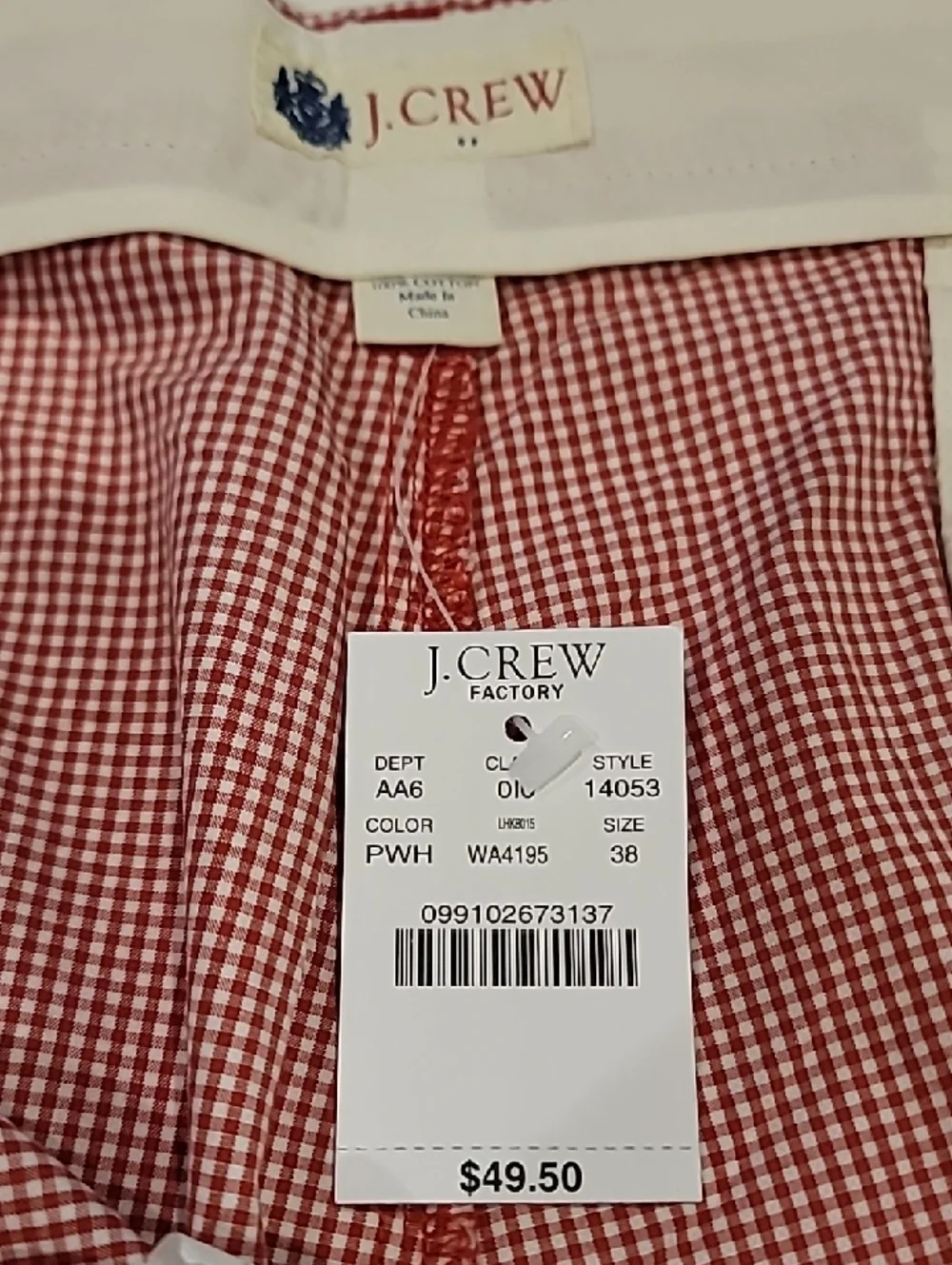 J. Crew Men's Red Micro-Check Flat Front Shorts 38 All Cotton